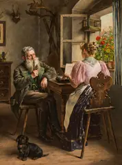 Anton Müller, Girl playing the zither and her listener, oil on panel