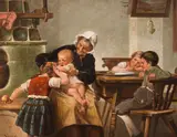Hermann Armin Kern, Grandmother with her four grandchildren, oil on panel