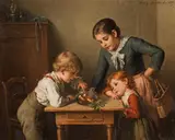 Children with goldfish bowl by Hedwig Friedlaender Edle von Mahlheim, 1889, oil on canvas, sold Dec 2022
