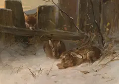 Anton Weinberger, Fox and hares in the snow, oil on canvas