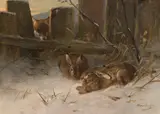 Anton Weinberger, Fox and hares in the snow, oil on canvas