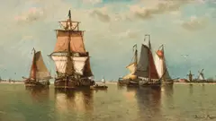Auguste Musin, Sailing ships off the Dutch coast, oil on panel