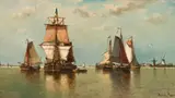 Auguste Musin, Sailing ships off the Dutch coast, oil on panel