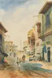 Charles Wilda, Street scene in Cairo, watercolour on paper on cardboard