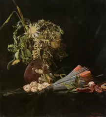 Karl Mediz, Still life with bouquet of thistles in vase and umbrella, 1887, oil on canvas