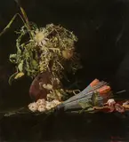 Karl Mediz, Still life with bouquet of thistles in vase and umbrella, 1887, oil on canvas