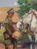 Soldier watering his horse by Wojciech Kossak, 1933, oil on cardboard, sold Dec 2022