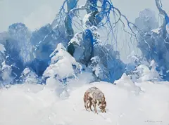 Stepan Fedorovic Kolesnikoff, Wolf in winter landscape, gouache on cardboard