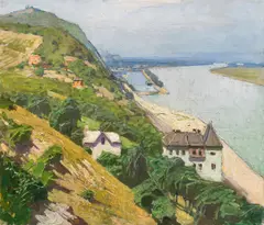 Carl Moll, View of the Leopoldsberg and Klosterneuburg Abbey (Riverscape of the Danube by Nussdorf), c. 1930, oil on canvas; framed