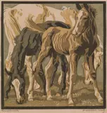 Norbertine Bresslern-Roth, Foals, colour linocut on paper; framed