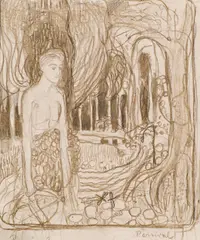 Oskar Kokoschka, Young man with a crossbow in a bucolic landscape ("Parzival"), 1905/06, pencil, brown coloured pencil on paper; framed