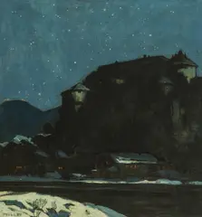 Oskar Mulley, Kufstein fortress by night, c. 1920, oil on canvas on cardboard; framed