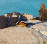 Oskar Mulley, Almhütten im Schnee, c. 1925, oil on cardboard; framed