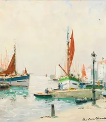Harbour scene by Paul Emile Lecomte, oil on canvas on cardboard; framed, sold Dec 2022