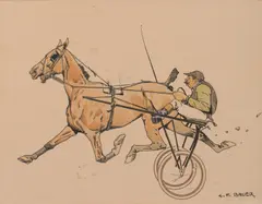 Jockey by Carl Franz Bauer, mixed media on paper; framed, sold Dec 2022