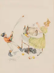 Fritz Schönpflug, Cork popping, watercolour, gouache on paper; framed