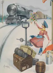 Fritz Schönpflug, Cheerful arrival, watercolour on paper; framed