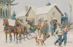 Fritz Schönpflug, Arrival at the railway station, watercolour on paper; framed