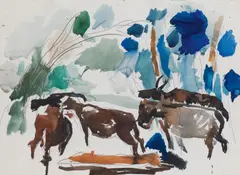 Gustav Hessing, Grazing animals, mixed media on paper; framed