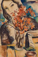 Ernst Nepo, Lady and flowers, 1940, mixed media on paper; framed