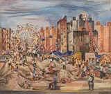Edith Kramer, Fairground in Delancey Street, Manhattan, New York, 1957, oil on panel; framed