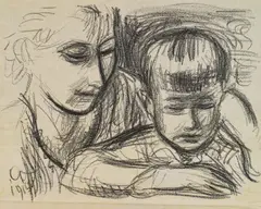 Anton Faistauer, Mother with child, 1919, charcoal on paper; framed