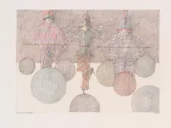 Paul Flora, Akrobatische Harlekine, 1981, India ink, coloured pencil on paper; unframed