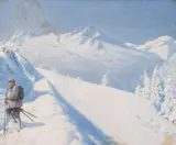 Franz von Matsch, Skier in the mountains ("Januar"), oil on canvas; framed