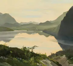 Hans Frank, Lake Altaussee with view of the Dachstein, 1940, oil on cardboard; framed