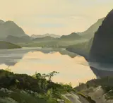 Hans Frank, Lake Altaussee with view of the Dachstein, 1940, oil on cardboard; framed