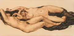 Karl Sterrer, Two lying nudes, 1917, mixed media on paper on canvas; framed