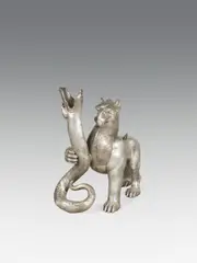 Ernst Fuchs, Griffin & snake, fountain sculpture; bronze, silver plated and patinated