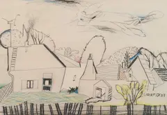 Leobersdorf by Karl Anton Fleck, 1974, mixed media on paper; framed, sold Dec 2022