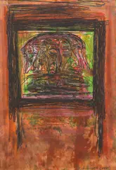 Heads by Franz Ringel, 2000, mixed media on paper; framed, sold Dec 2022