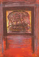Heads by Franz Ringel, 2000, mixed media on paper; framed, sold Dec 2022