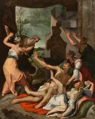 Jeremias van Winghe, Phineas kills Zimri and Cozbi, oil on copper