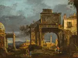 Capriccio with a Ruined Classical Triumphal Arch, a Circular Temple, a Farmhouse and a Village in a Veneto Landscape by called Canaletto Giovanni Antonio Canal, oil on canvas, sold Nov 2022