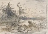 Friedrich Gauermann, Deer at a watercourse, pencil on paper; in passe-partout, unframed