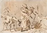 Friedrich Gauermann, Shepherdess with kid and mother goat, pen and India ink, wash