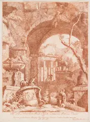 Marco Ricci, Capriccio with Ruins and round Temple from the "Series of 20 Landscapes", published by Carlo Orsolini 1730 (1st state), etching, printed in red