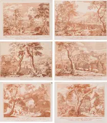 Marco Ricci, Six Landscapes from the "Series of 20 Landscapes", published by Carlo Orsolini 1730 (1st state), etching, printed in red