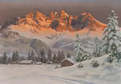 Alois Arnegger, Evening glow in the winter mountains, oil on canvas; framed