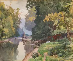 Gustav Feith, Heustadlwasser in the Viennese Prater, 1921, watercolour on paper on cardboard; framed