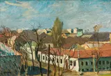 Karl Felkel, Row of houses, oil on cardboard; framed