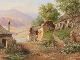 Karl Flieher, Alte Dorfstraße in Schwallenbach a. Donau. Wachau., mixed media on paper; framed
