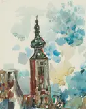 Gustav Hessing, Steeple, 1962, watercolour on paper; framed