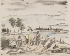 Ernst Huber, Fashionable Society at the beach, 1933, colour monotype on paper; framed