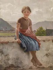 Eduard Kasparides, Girl sitting on a wall, oil on cardboard; framed