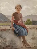 Eduard Kasparides, Girl sitting on a wall, oil on cardboard; framed