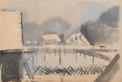 Ferdinand Kitt, Winter landscape, watercolour on paper; framed